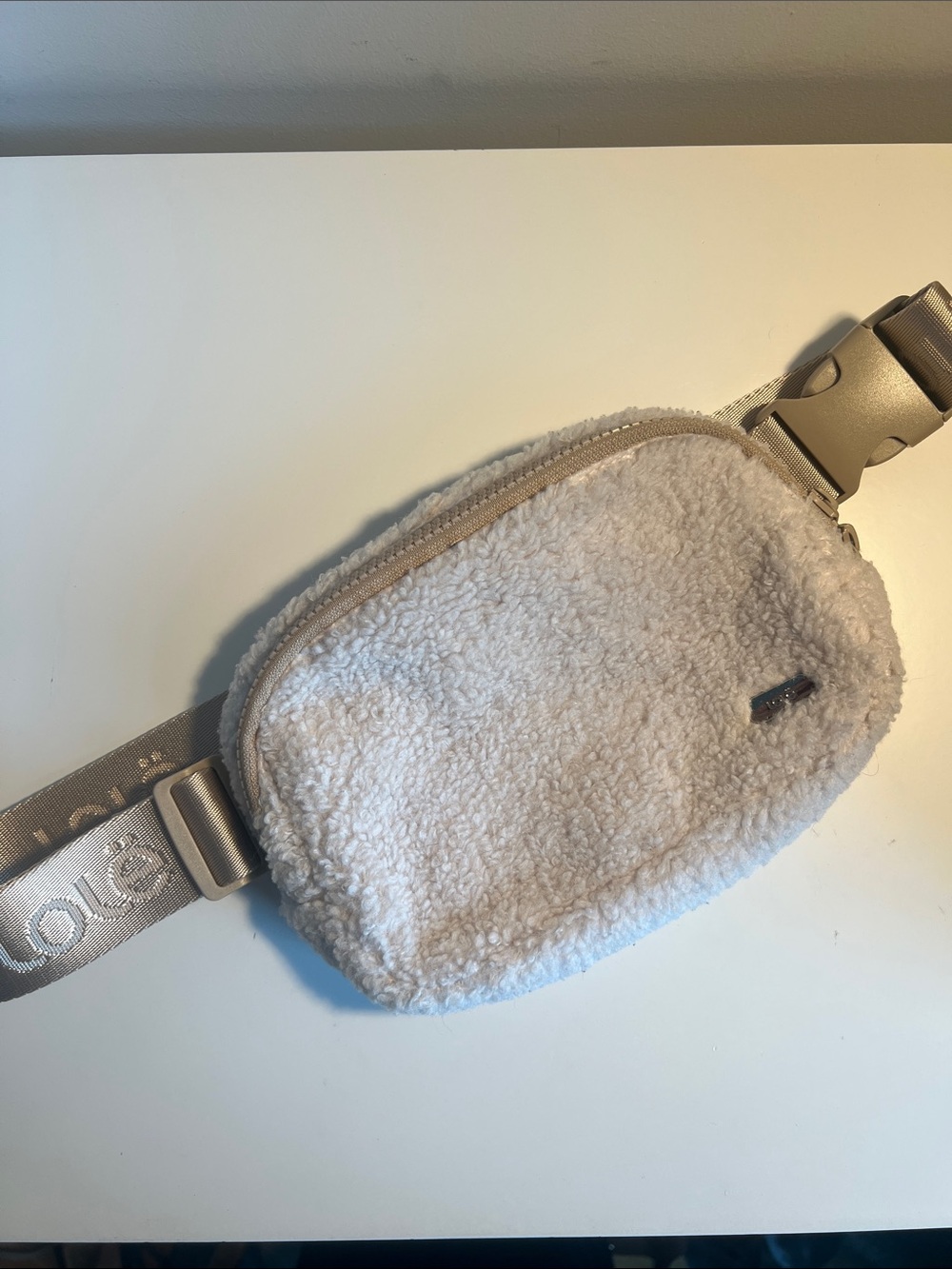 Cream Sherpa Belt Bag with Adjustable Strap and Two Zipper Pocket Sections